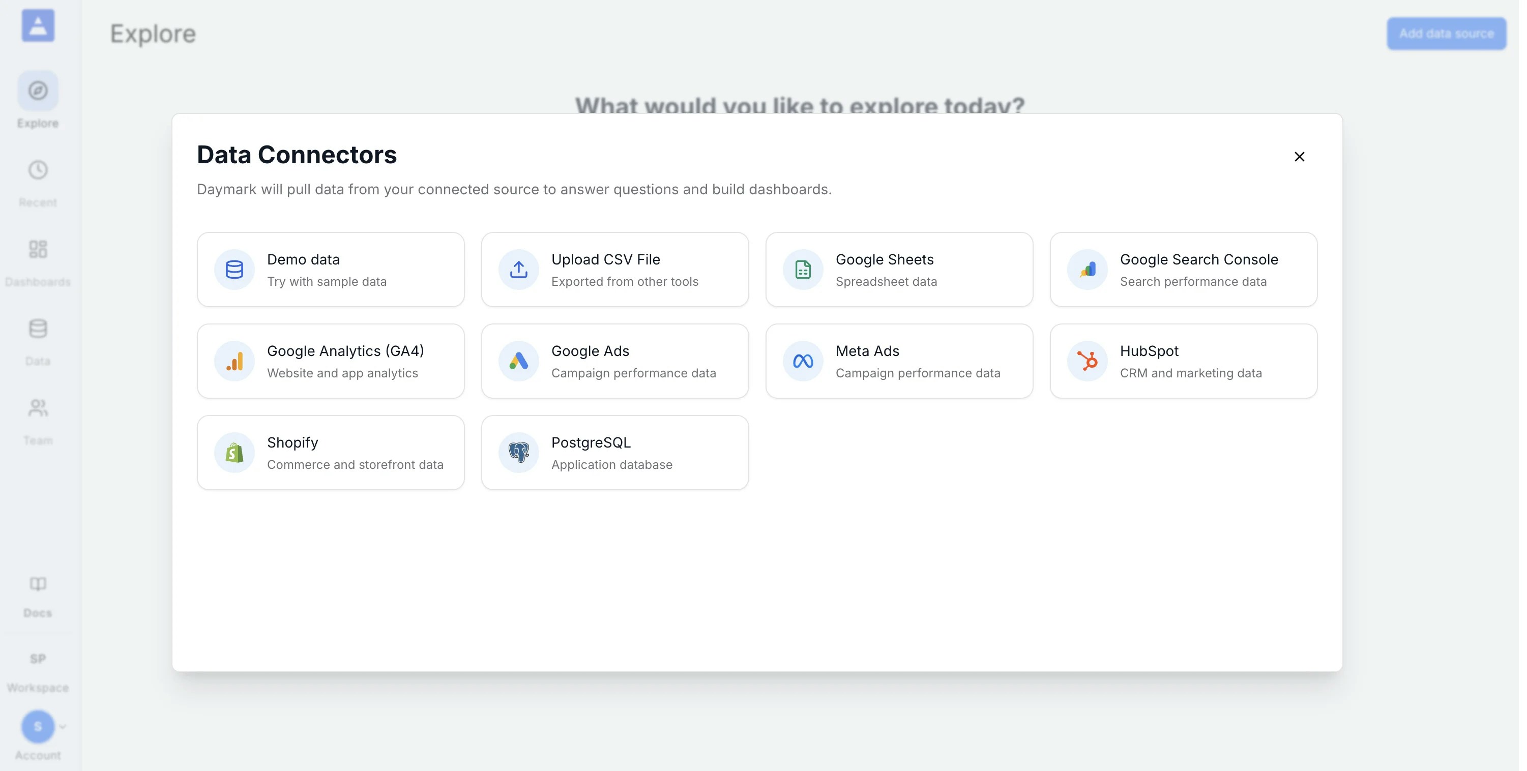 Data connectors modal showing Shopify option