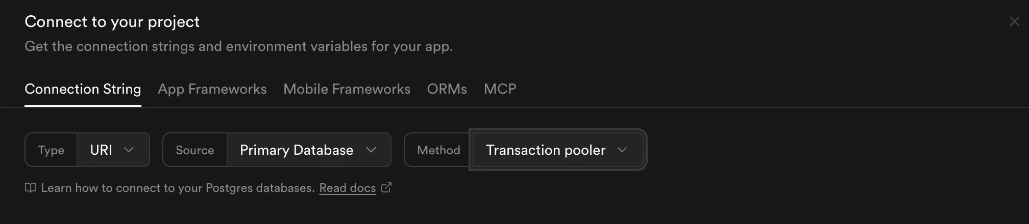 Supabase connection string with Transaction pooler selected