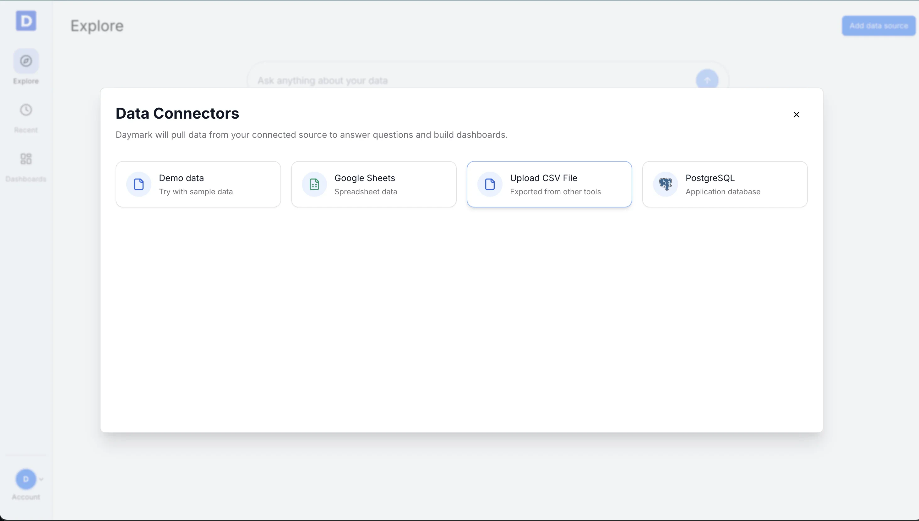 Data connectors modal with Upload CSV File selected