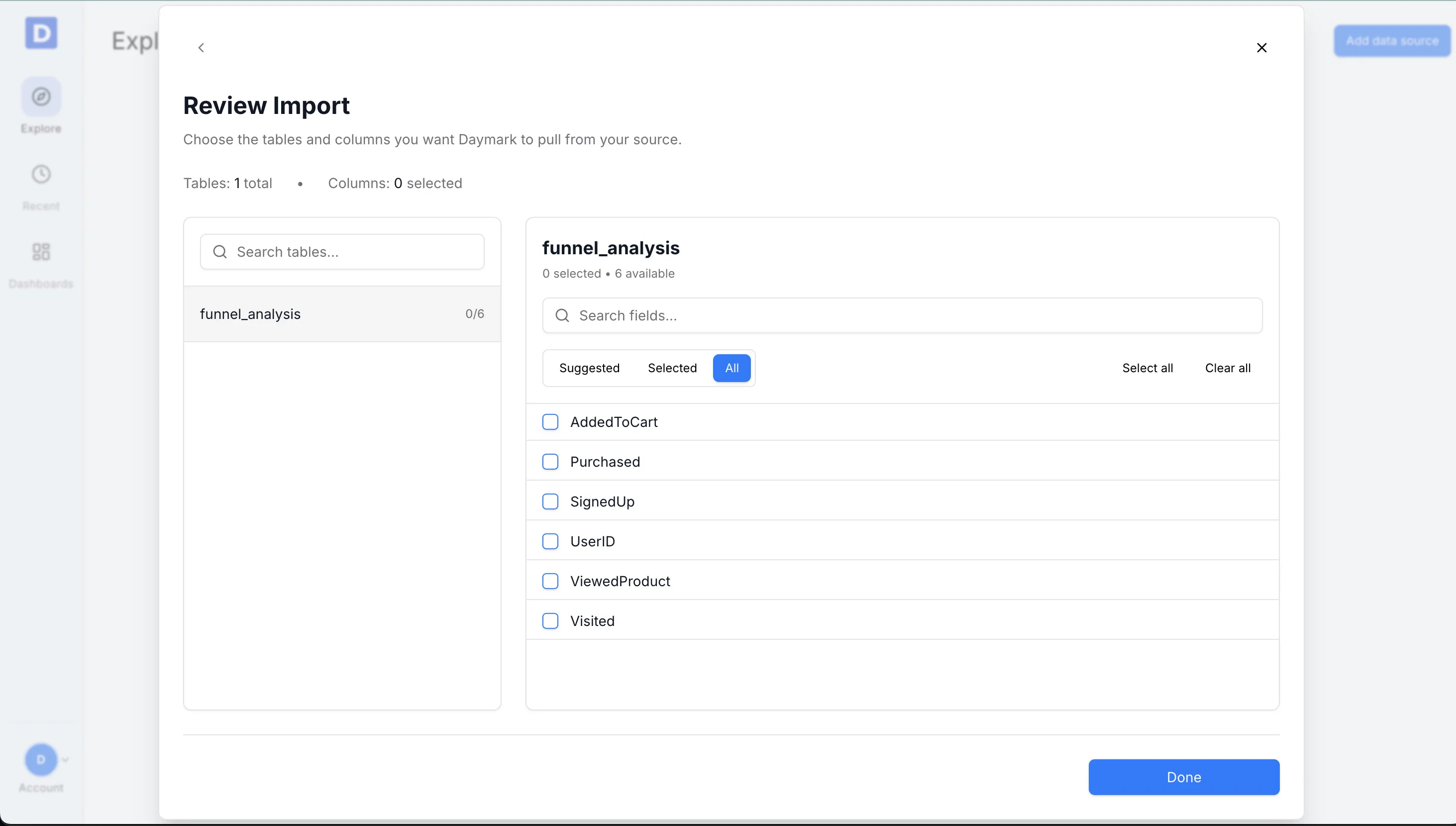 Field selection after CSV import