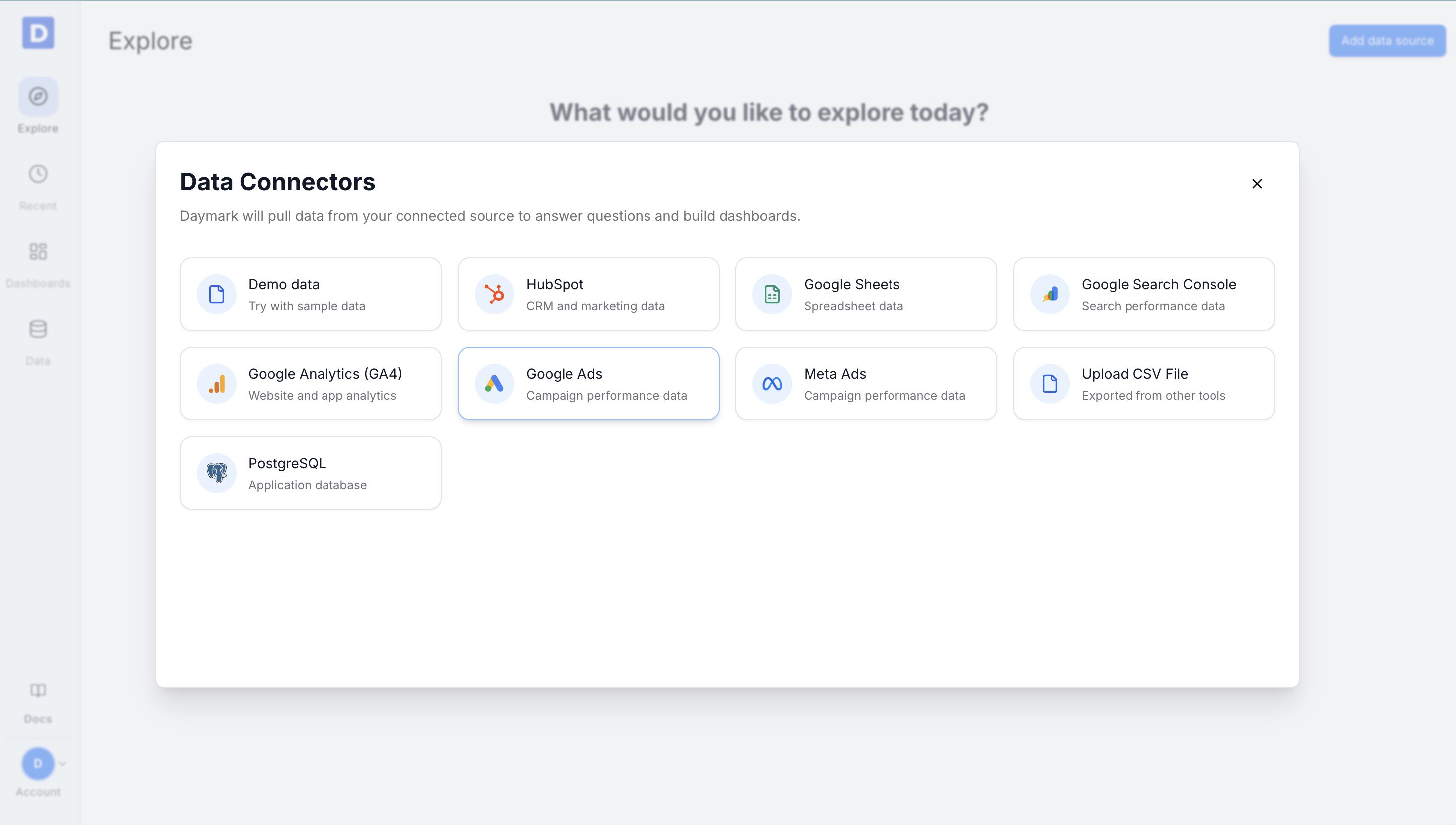 Data connectors modal showing Google Ads option