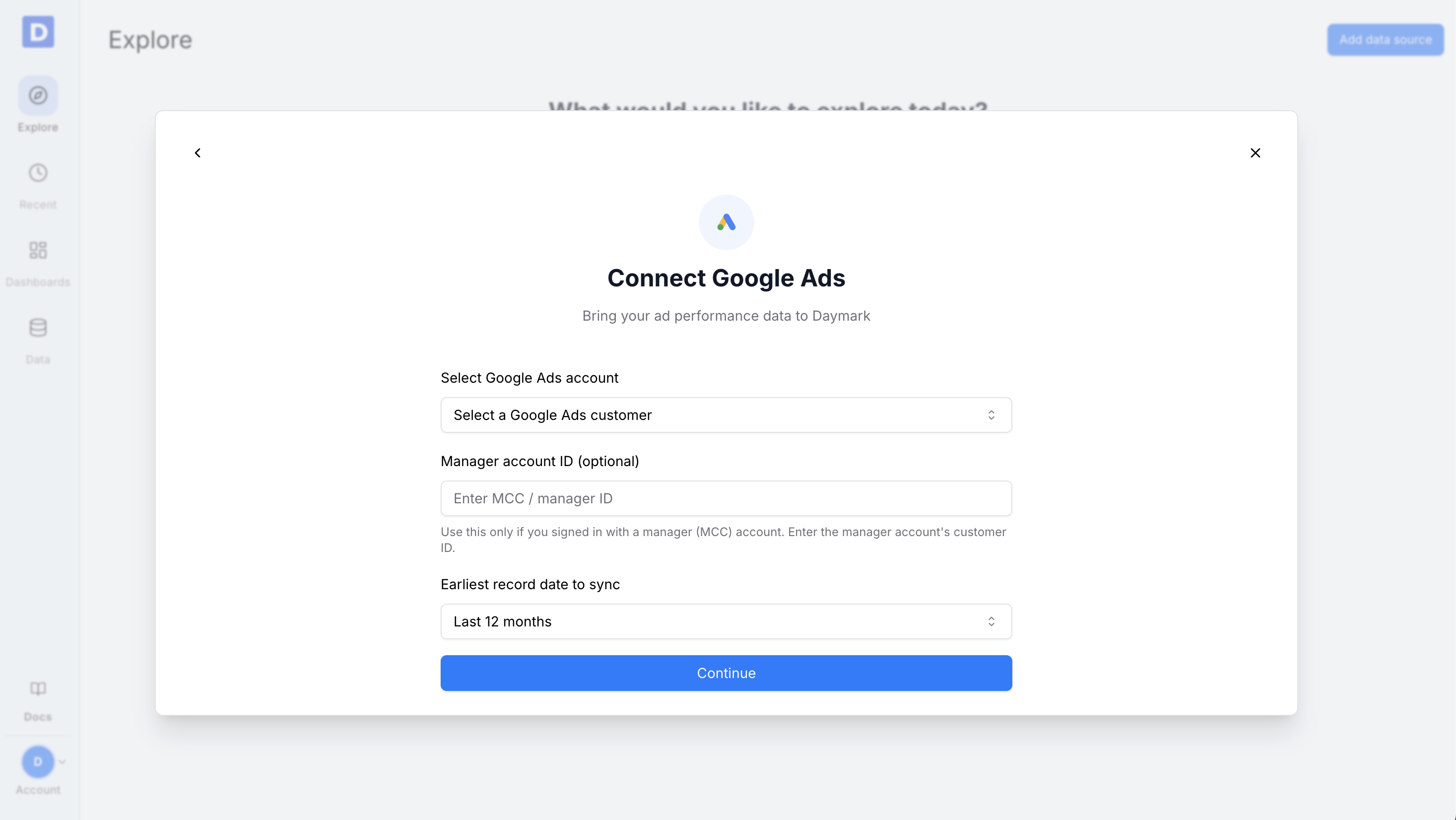 Select Google Ads account and timeline step