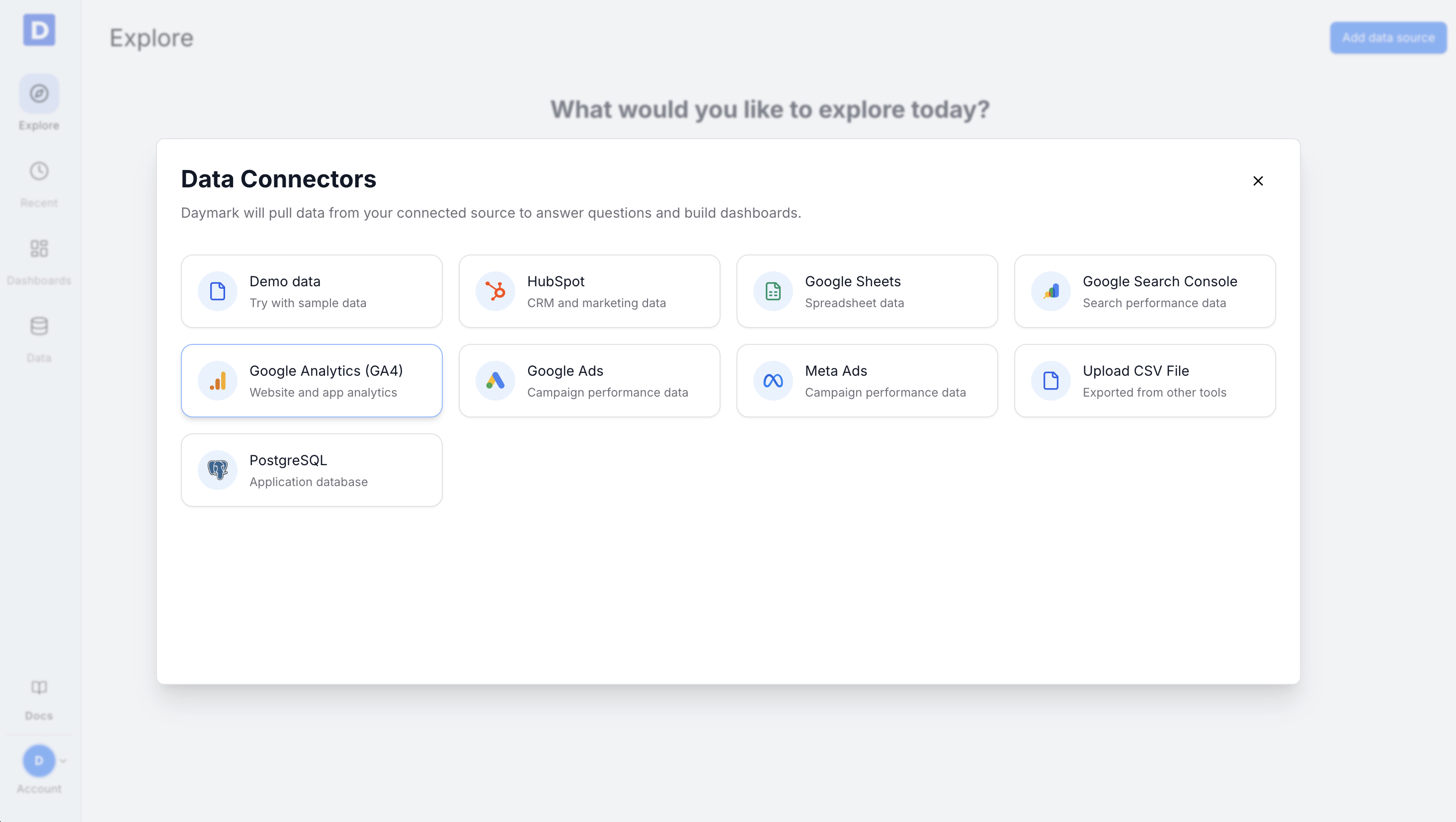 Data connectors list showing Google Analytics
