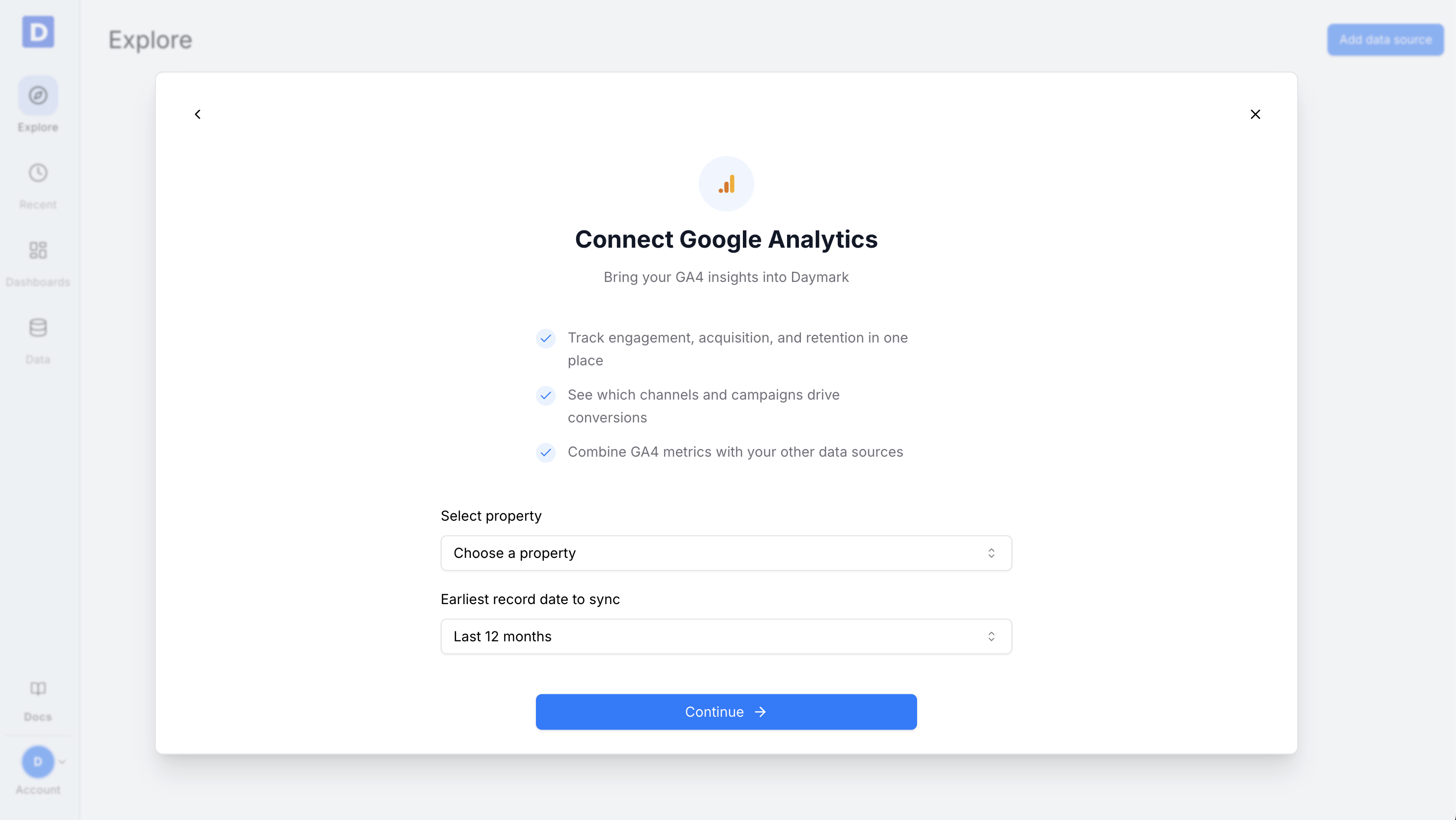 Account, property, and date range selection screen