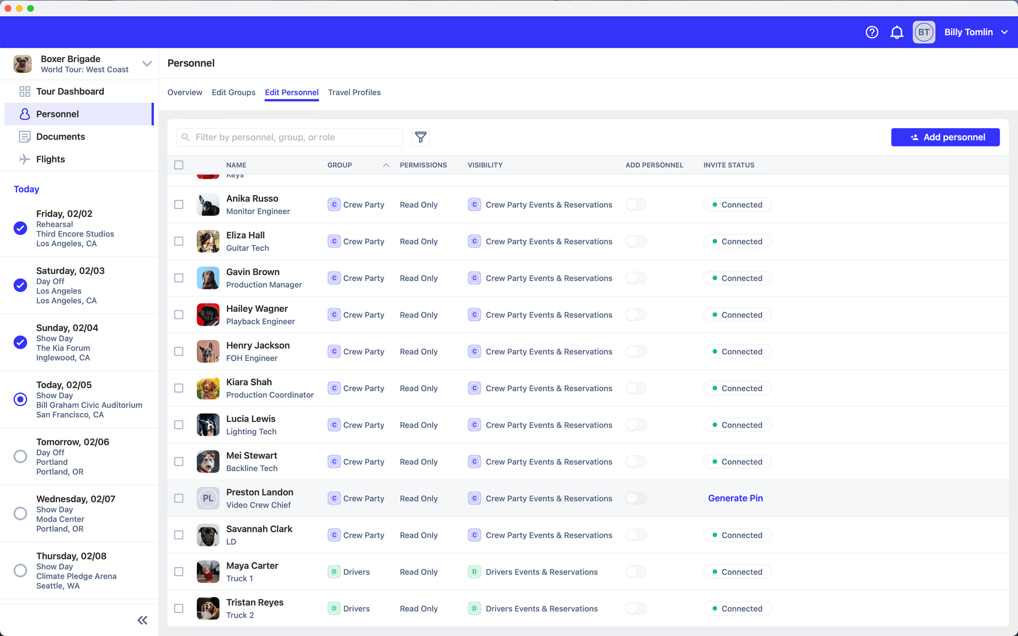 Main dashboard interface