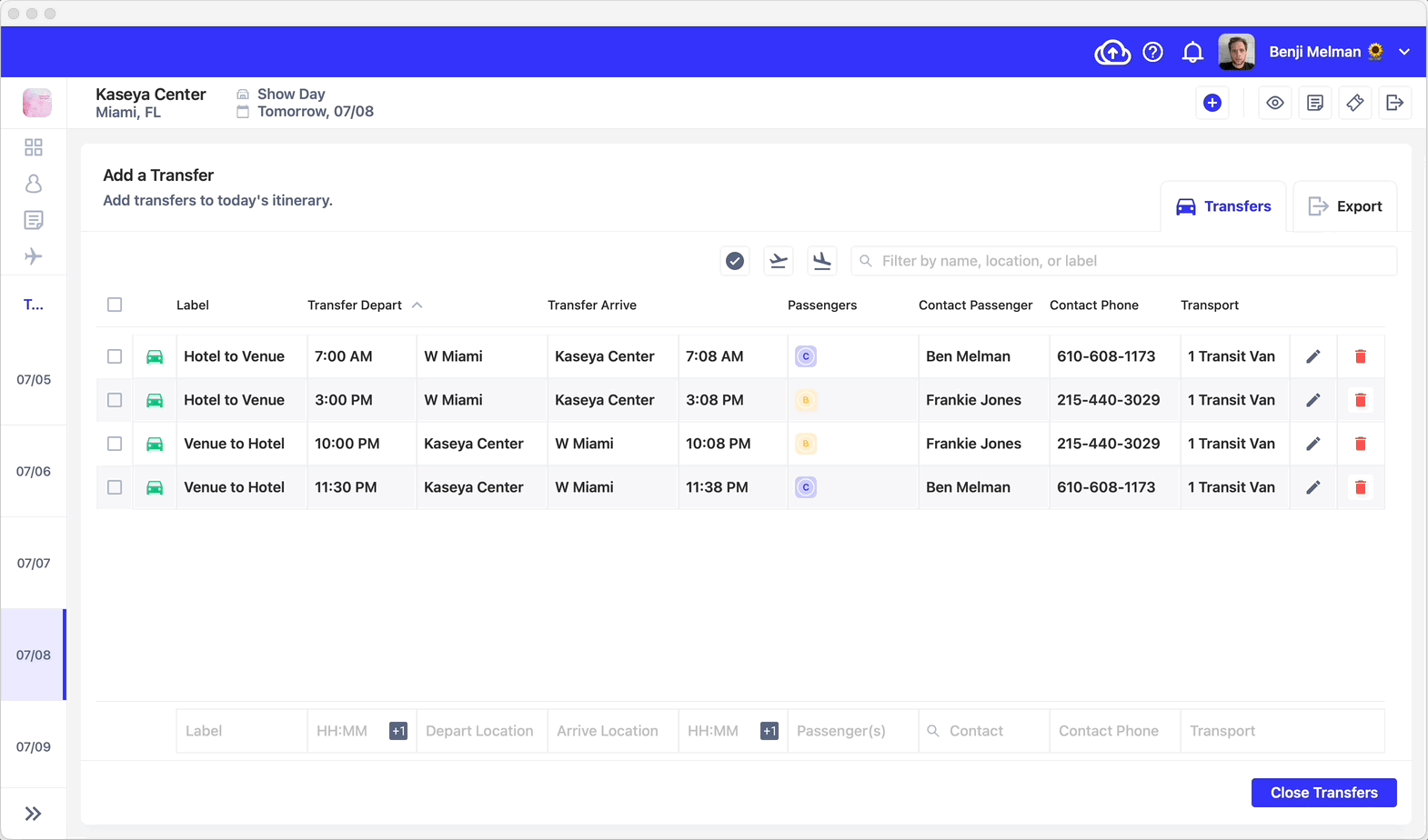 Main dashboard interface