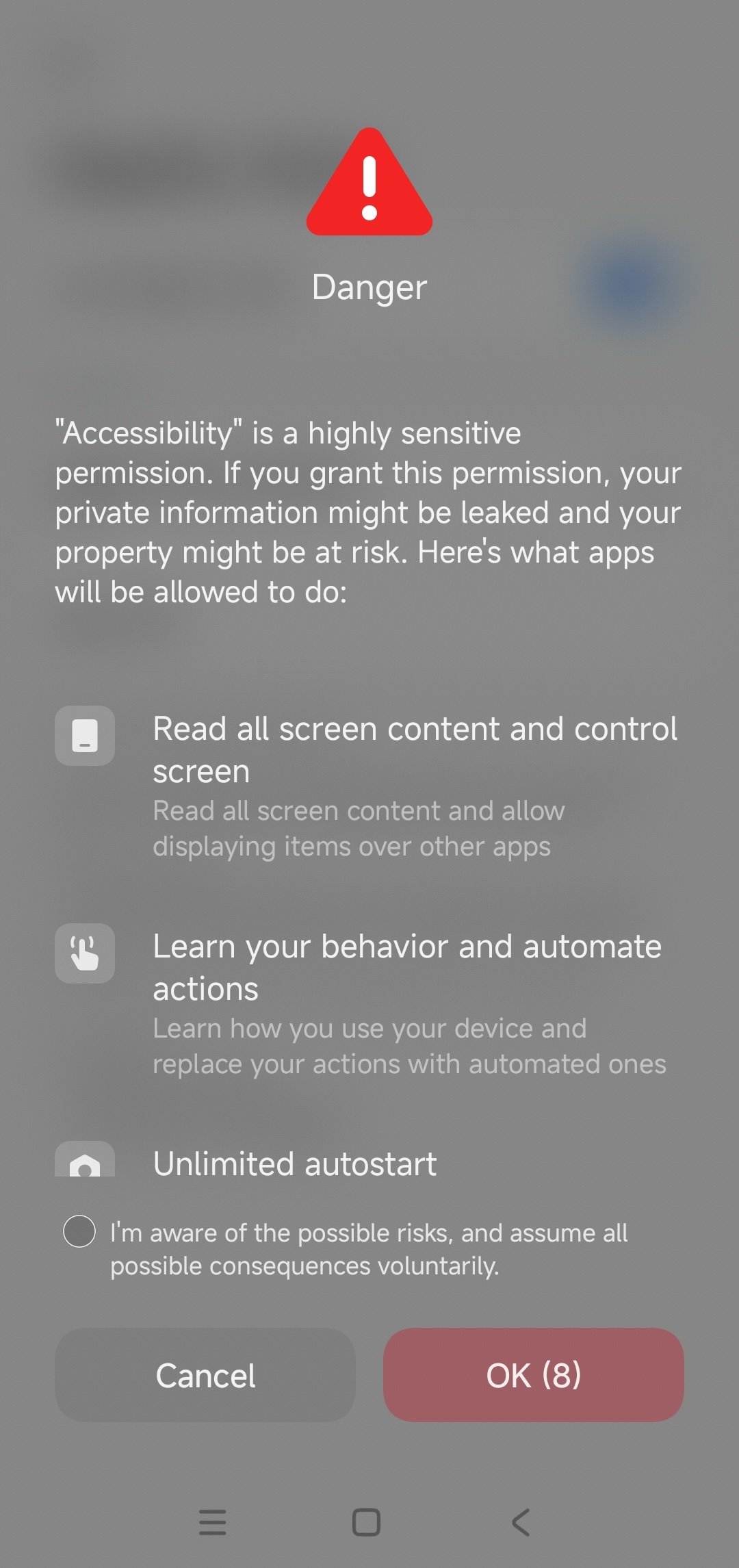 Accessibility permission warning