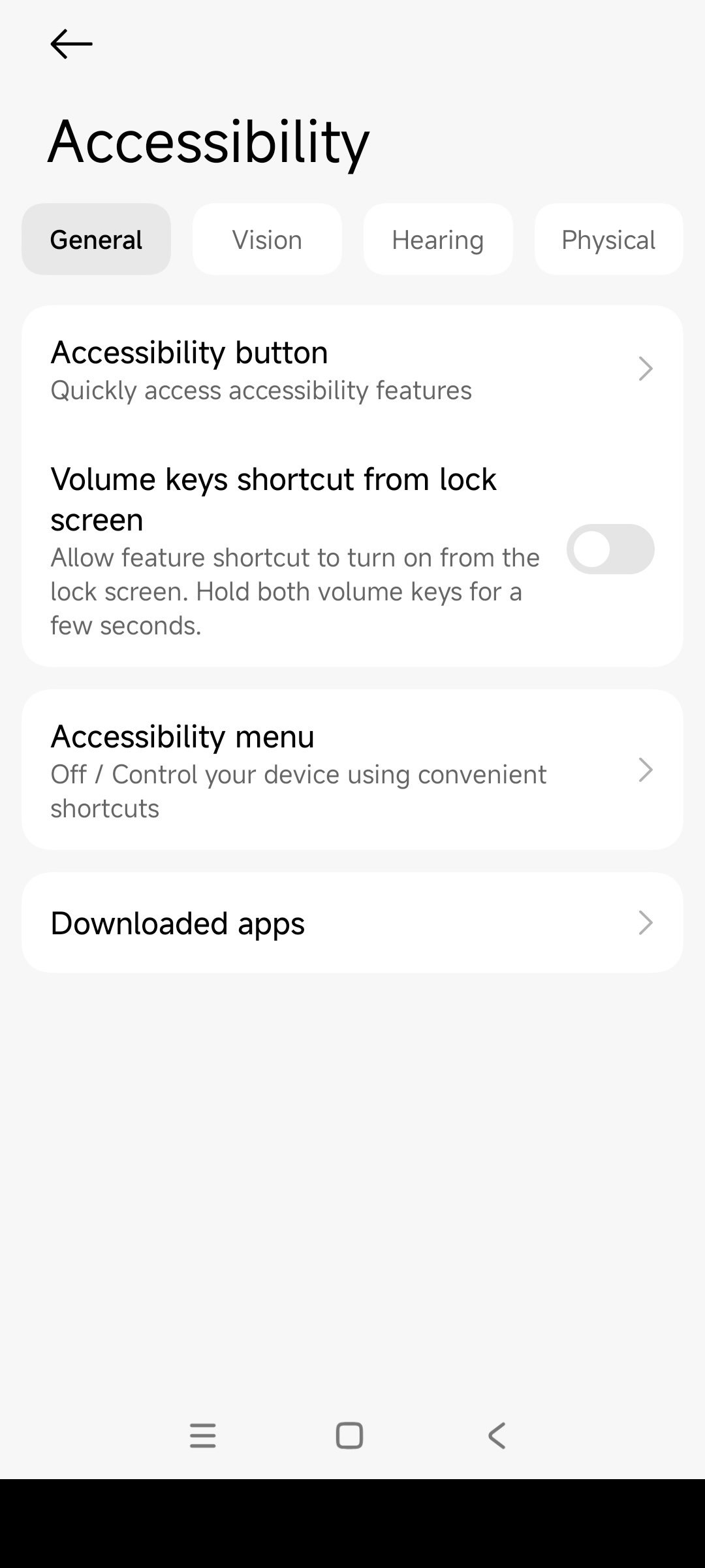 Android Accessibility settings page