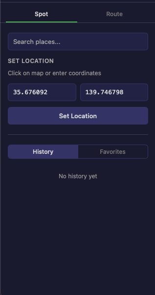 Spot Location Panel showing Search, Coordinates, and History/Favorites