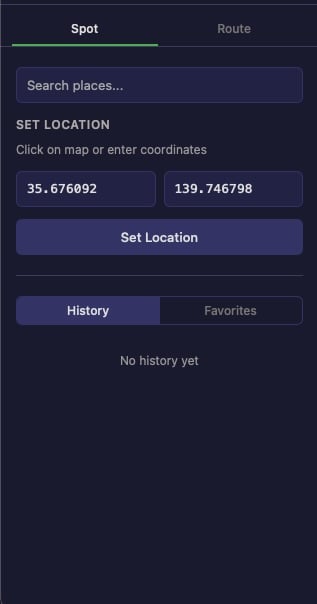 Spot Location Panel showing Search, Coordinates, and History/Favorites