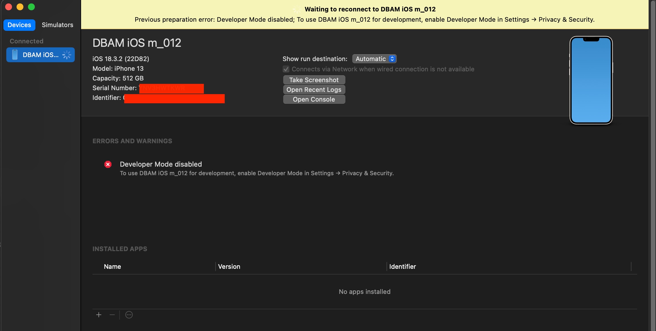 Xcode showing Developer Mode disabled