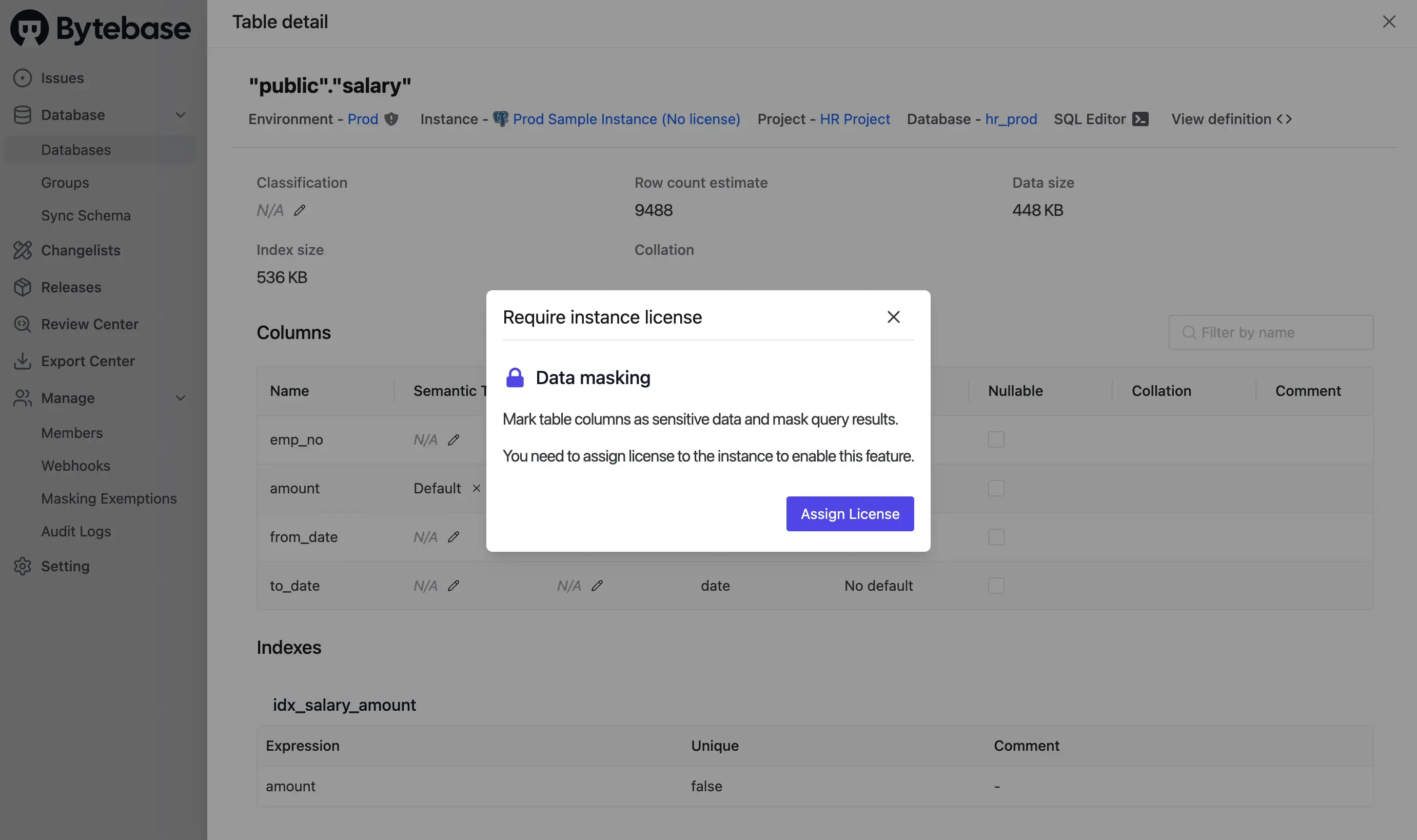 Assign license from data masking popup