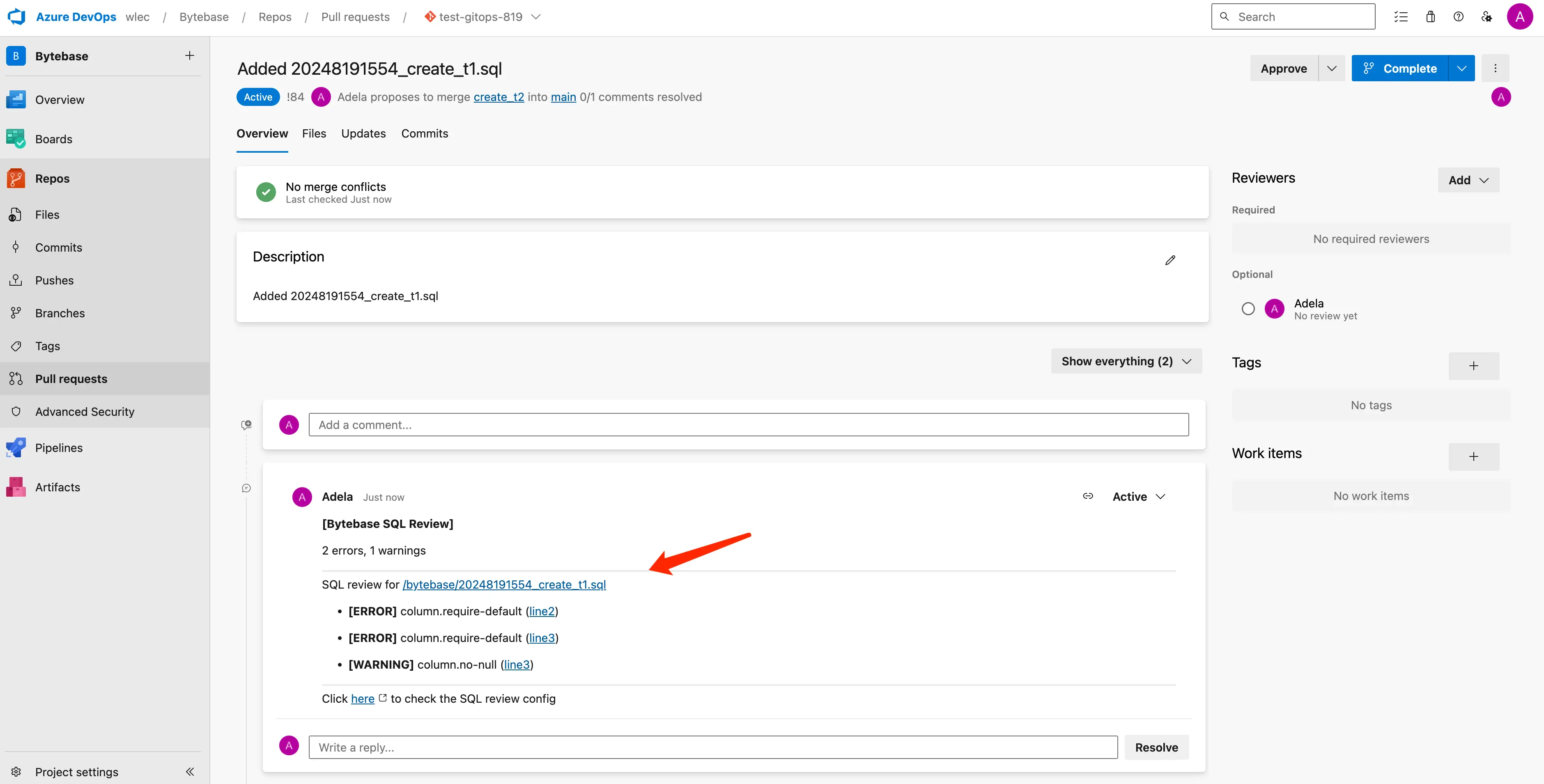Azure DevOps PR SQL Review