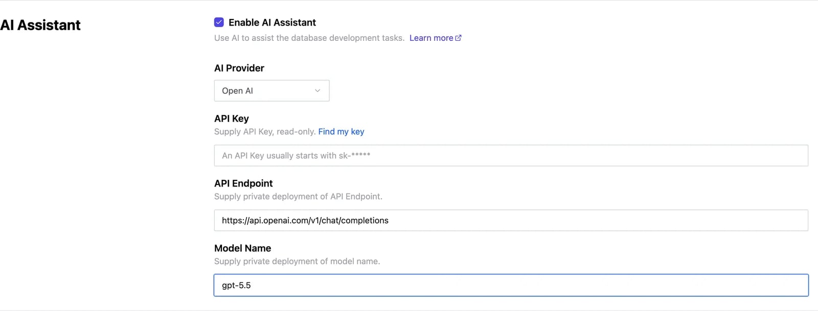 AI Assistant settings showing the provider, API key, endpoint, and model name fields