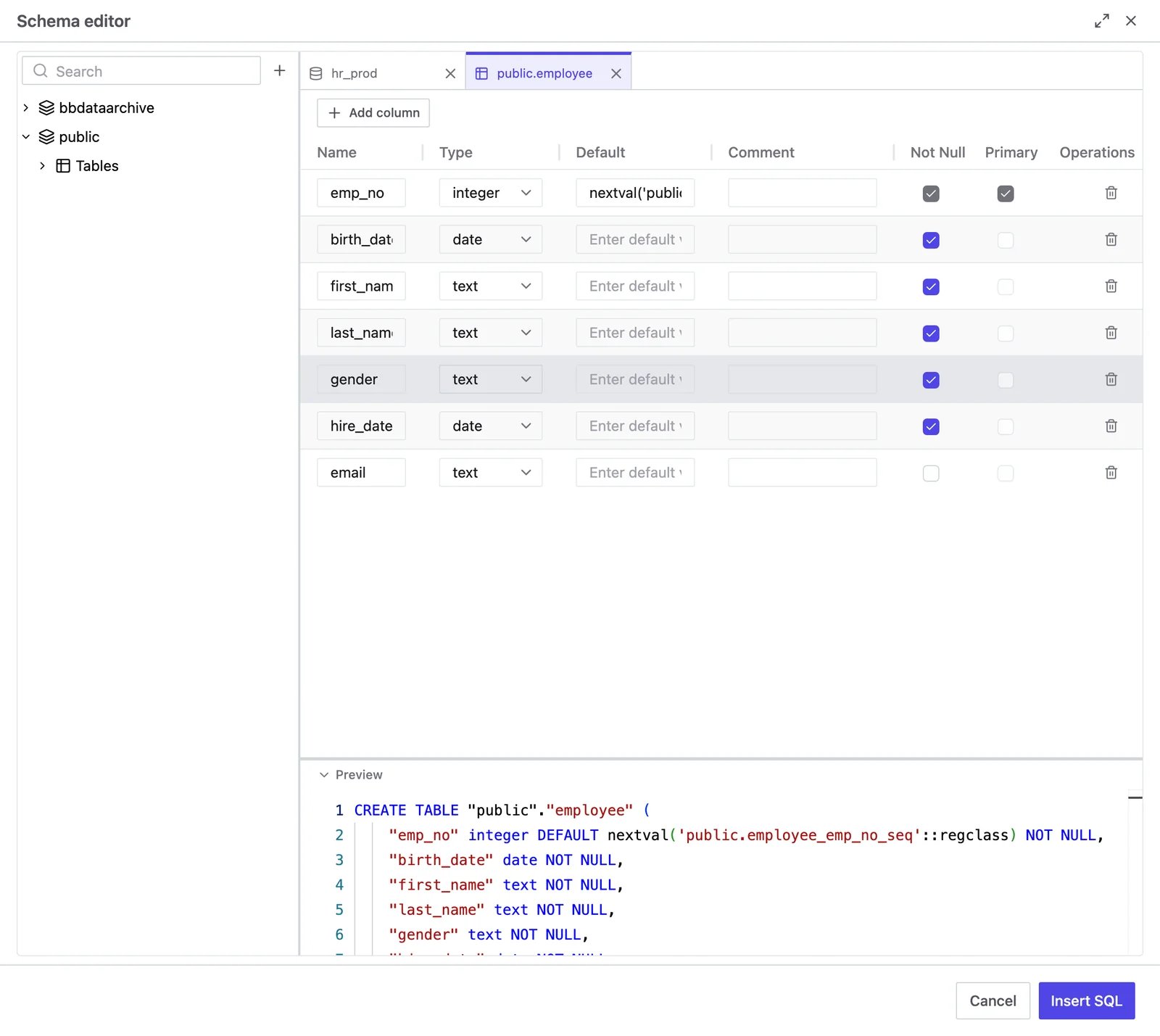 Schema Editor panel showing the object tree, a table's column grid, and the live SQL preview
