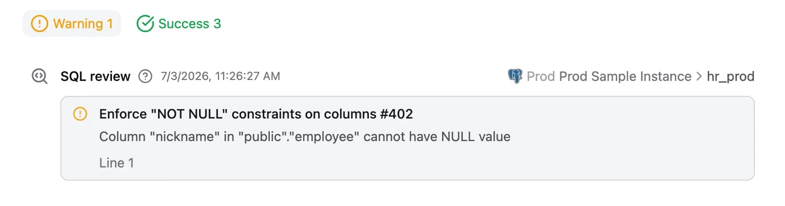 SQL review checks showing a NOT NULL warning