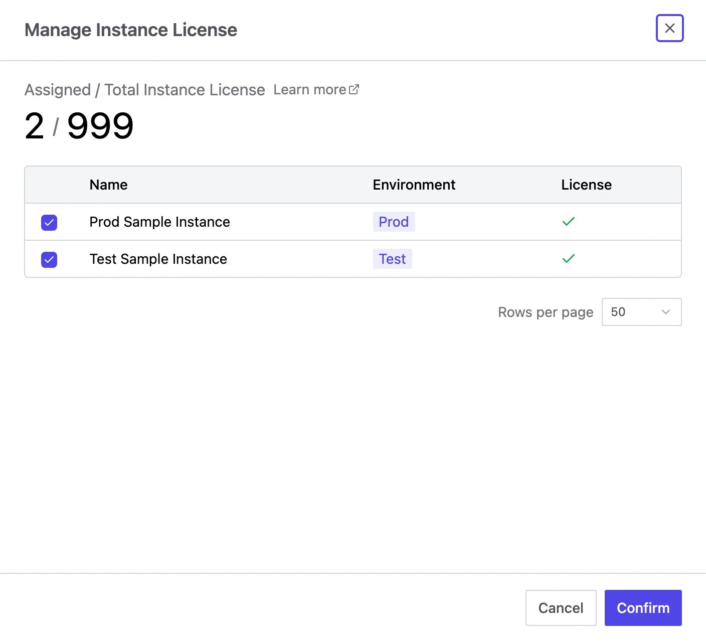 Manage Instance License drawer with instances selected