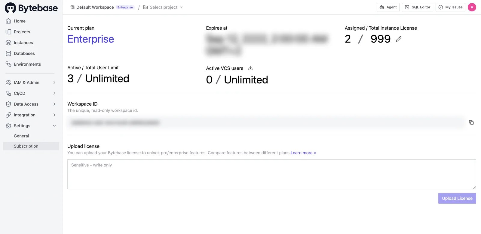 Subscription page with plan stats, active VCS user count, and license upload box
