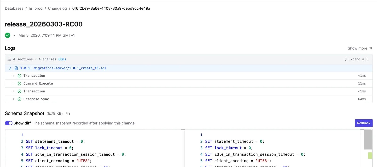 Changelog entry detail with execution logs, the after-change schema snapshot diff, and the Rollback button