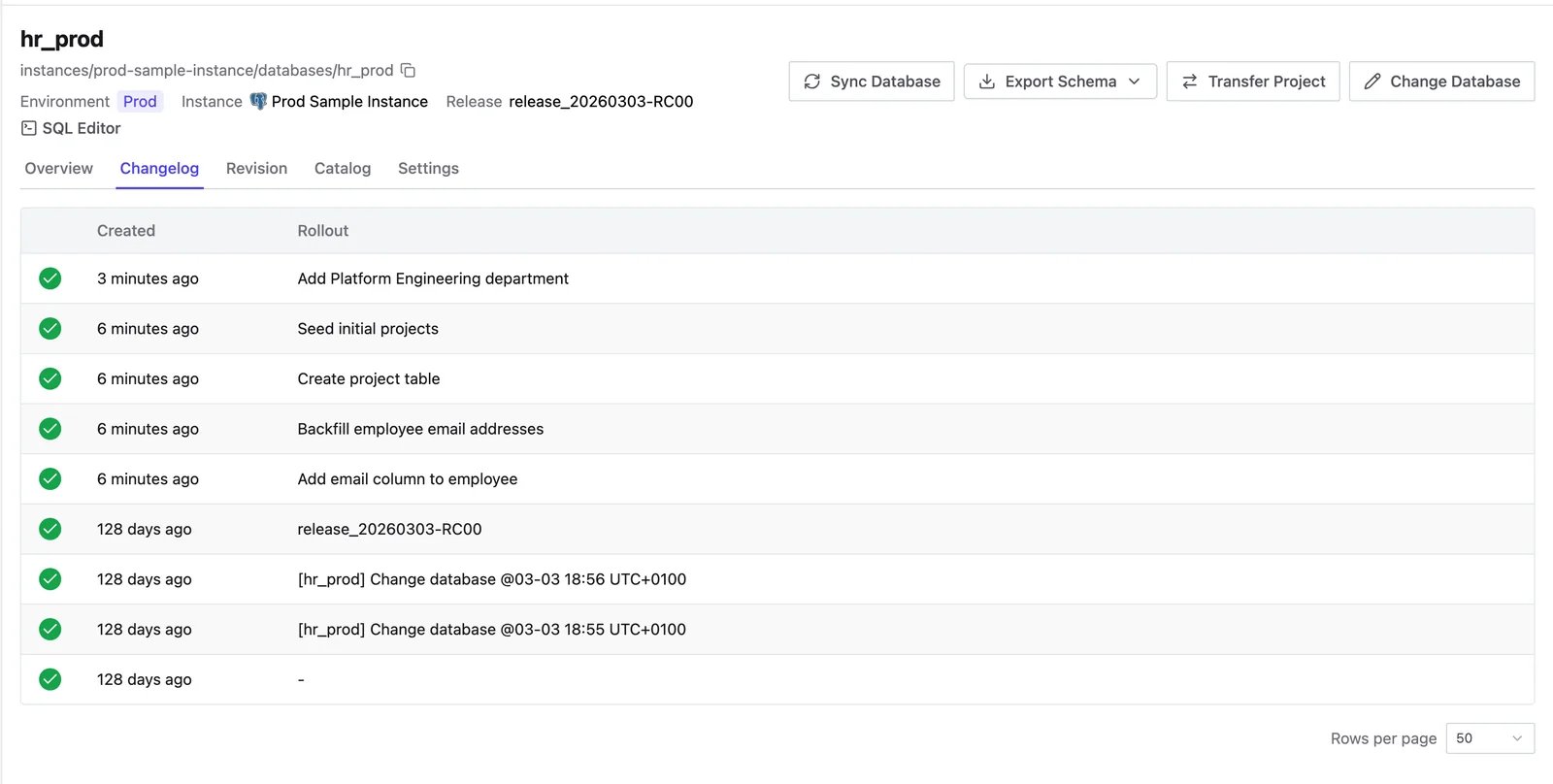 Changelog tab listing every change applied to the database