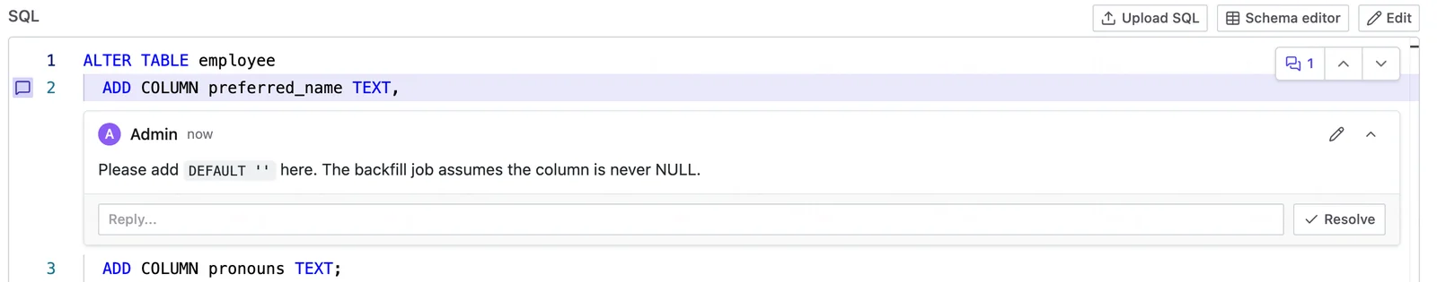 Inline comment thread on line 2 of the SQL in the plan statement editor, with the Reply box, Resolve button, and unresolved-thread counter