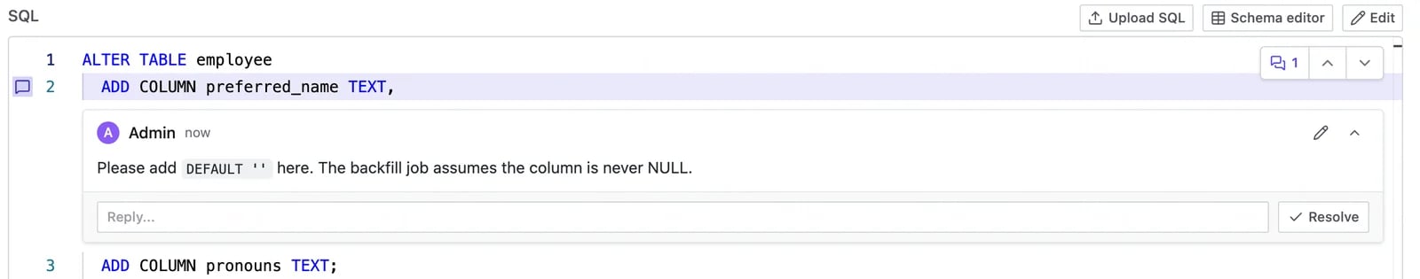 Inline comment thread on line 2 of the SQL in the plan statement editor, with the Reply box, Resolve button, and unresolved-thread counter