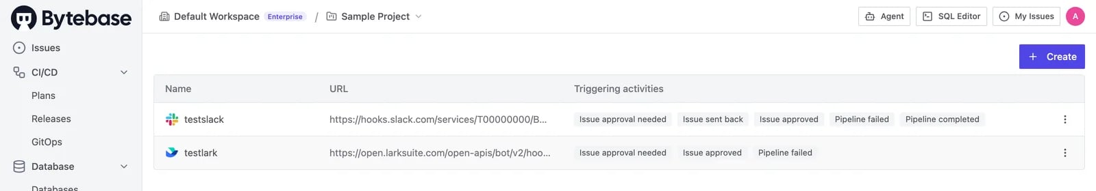 Project webhooks listed under Manage > Webhooks