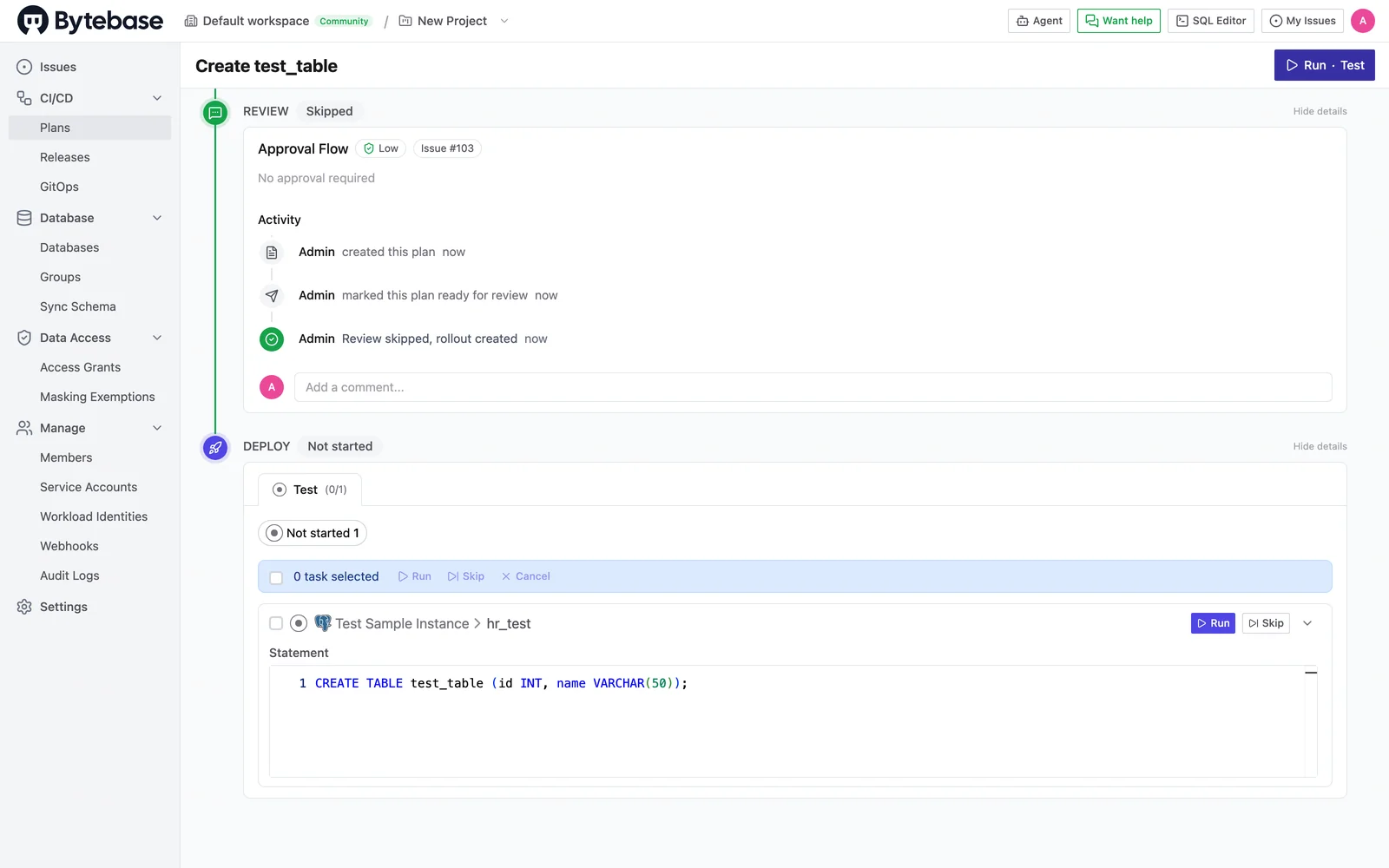 Review stage showing Skipped, no approval required