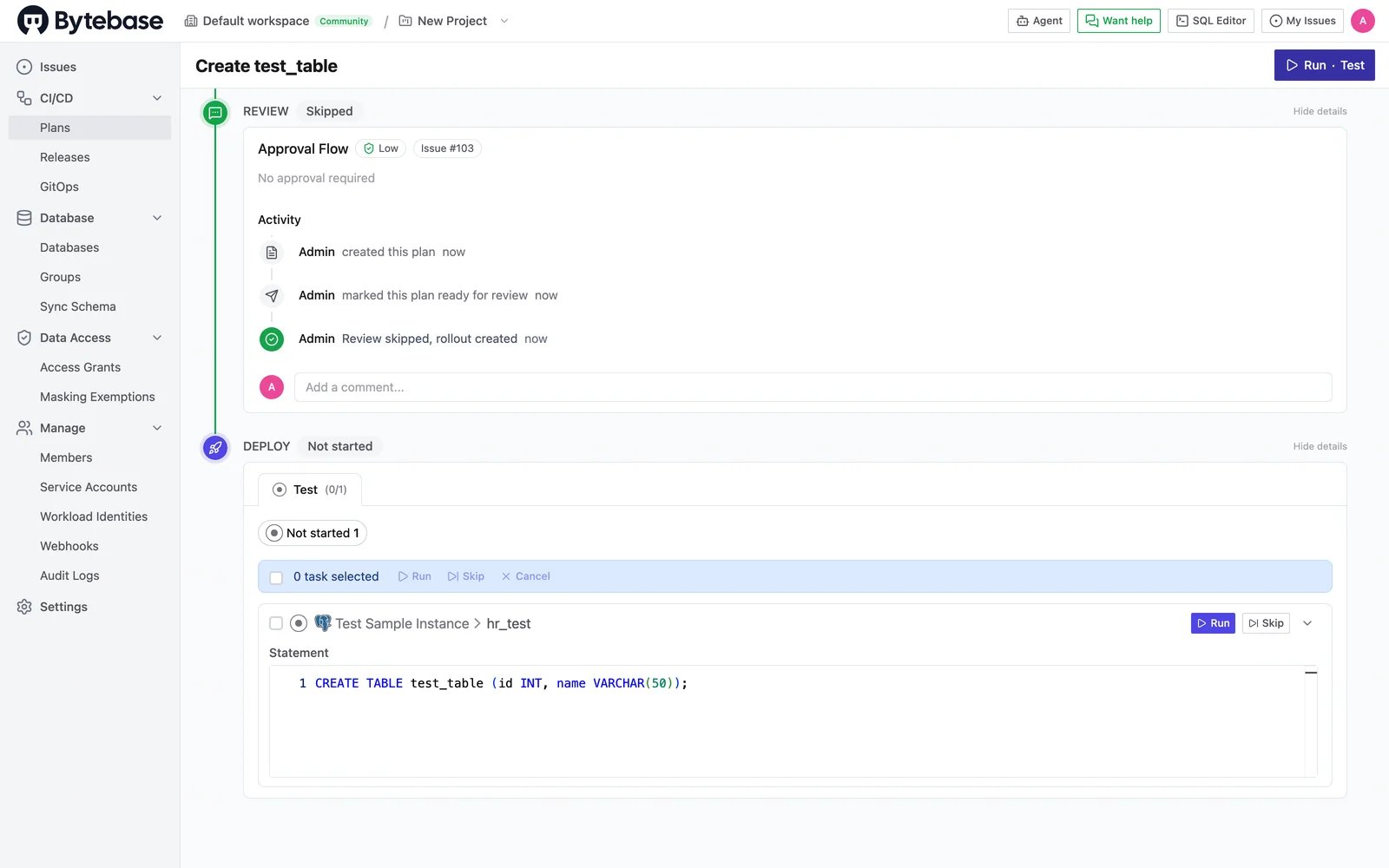Review stage showing Skipped, no approval required