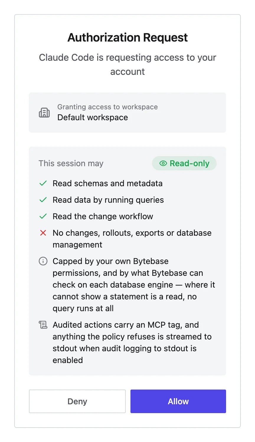 Bytebase authorization page for an MCP client