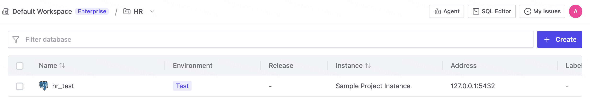 The sample project lists hr_test on Sample Project Instance