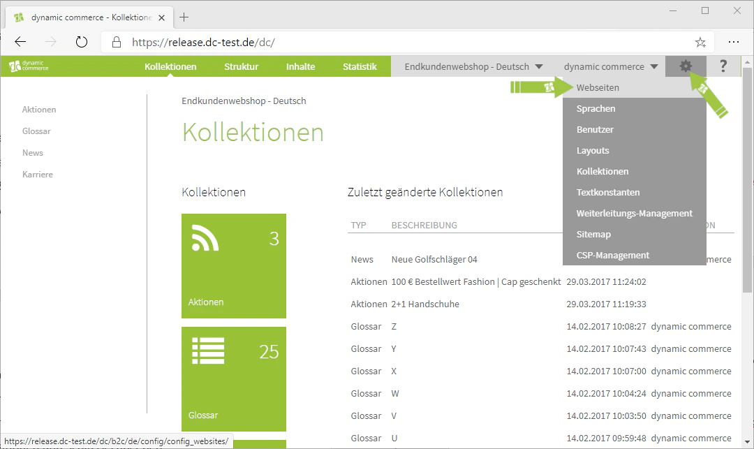Navigation zum Webseiten-Menü über das Zahnrad