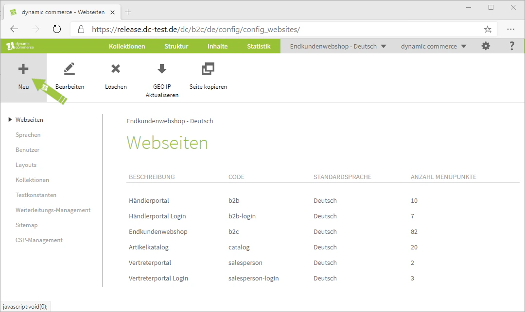 Neue Webseite über das Plus-Symbol anlegen
