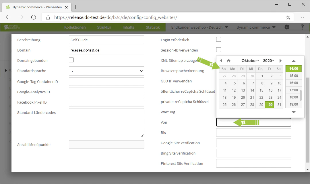 Startdatum der Wartung im Kalender