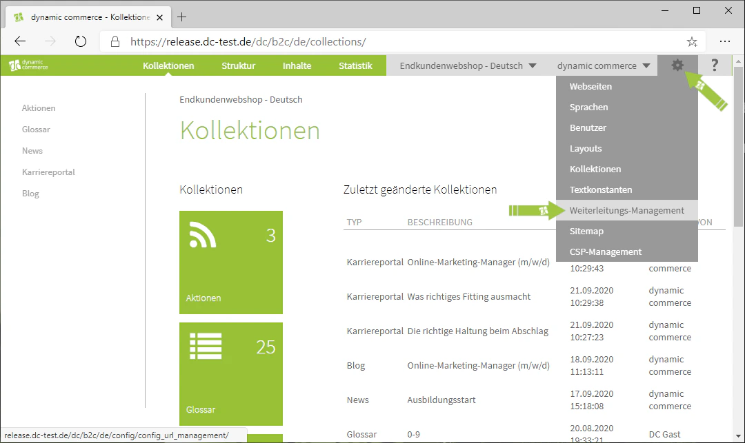 Navigation zum Weiterleitungs-Management über das Zahnrad