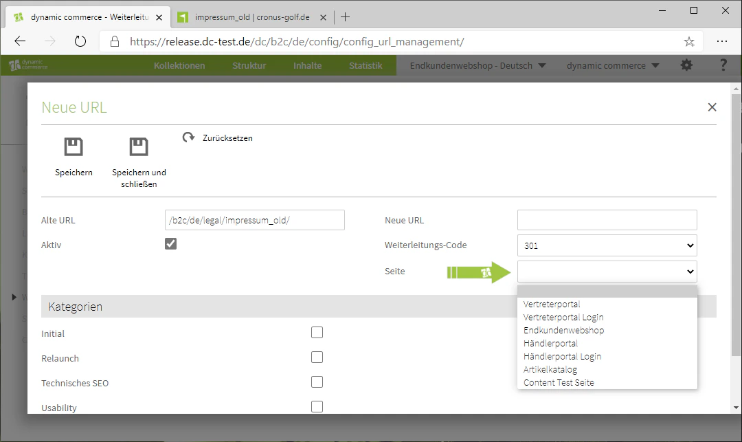 Seite über das Drop-Down auswählen