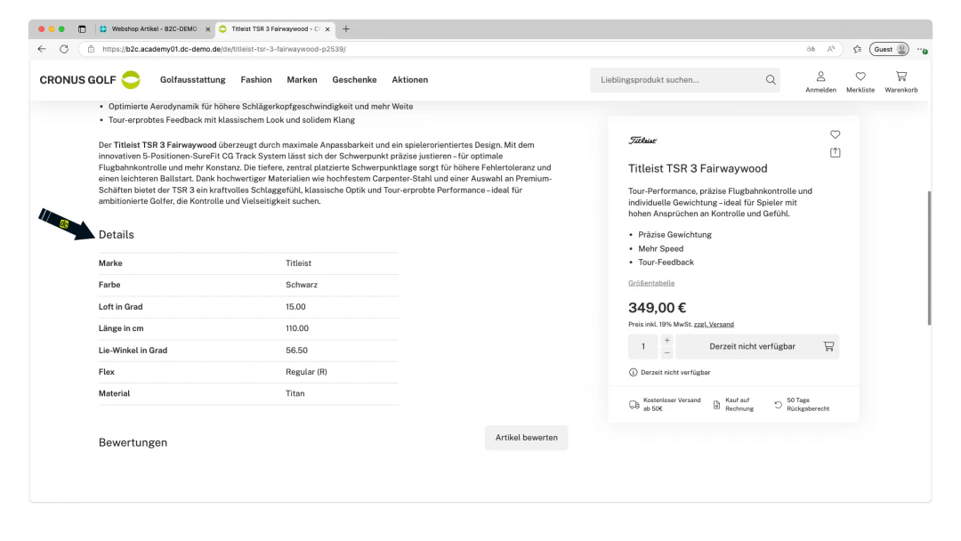 Webshop item attributes in the webshop frontend