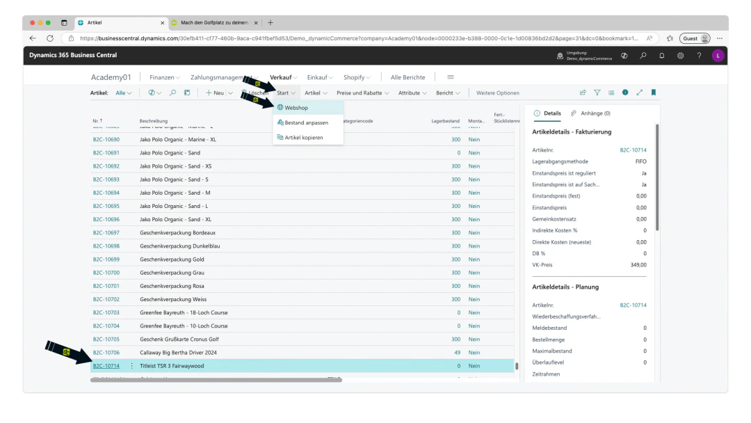 Create webshop item via item list