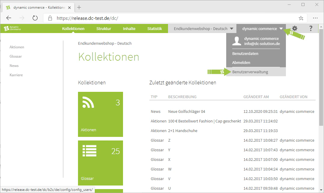 Navigation to user management via the username