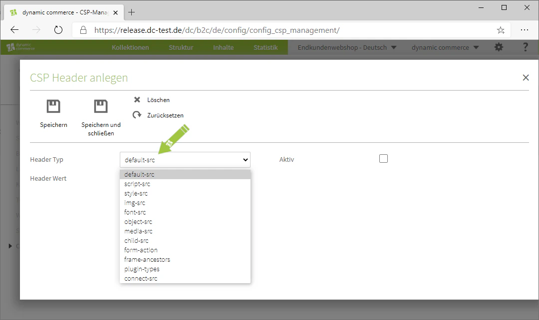 Header-Typ aus dem Drop-Down auswählen