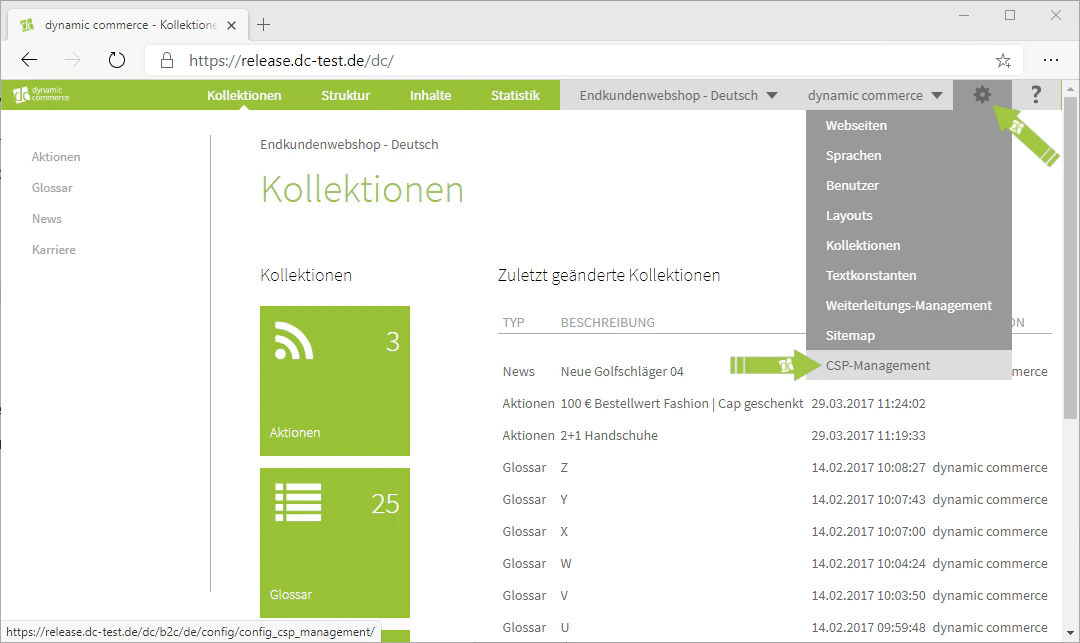Navigation zum CSP-Management über das Zahnrad