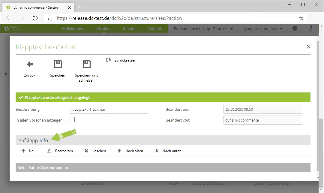 Bereich Aufklapp-Info erscheint nach dem Speichern