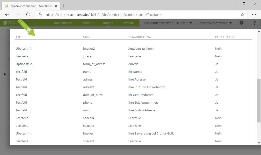 Example of a contact form in the frontend