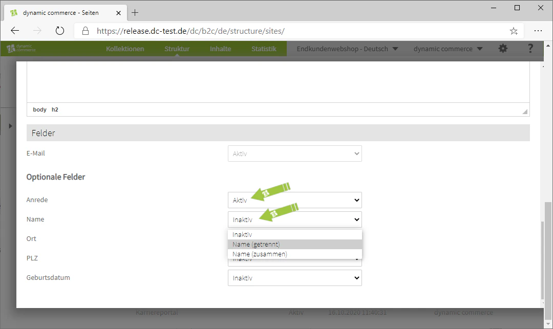 Selection of required fields in the newsletter form