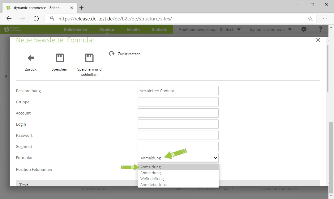 Form drop-down for selecting the form type
