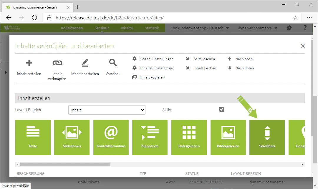 Selecting the content type Scrollbars