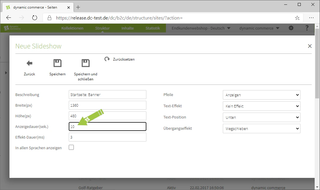 Set the display duration of the slideshow