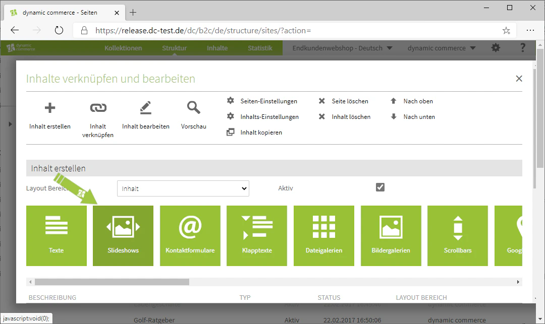 Selecting the Slideshows content type