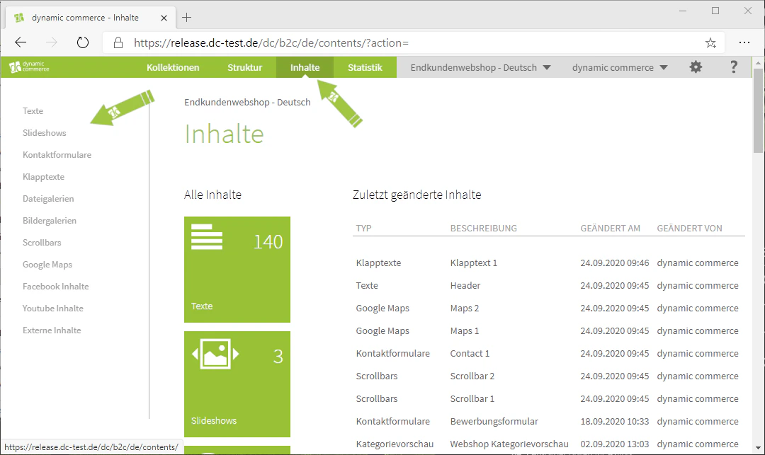 Der Inhalte-Tab im CMS