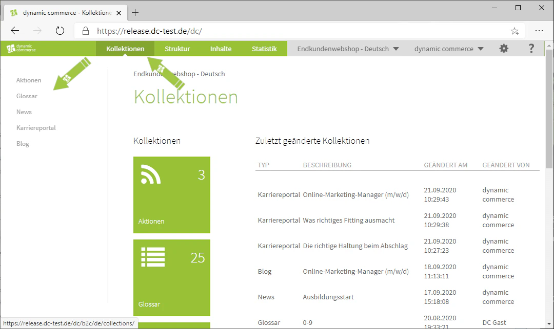 Kollektionen-Tab Übersicht
